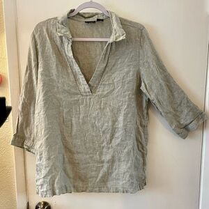 Tahari 100% Linen Tunic Pale Mint Green Large 3/4 Sleeve Boho Lagenlook Natural